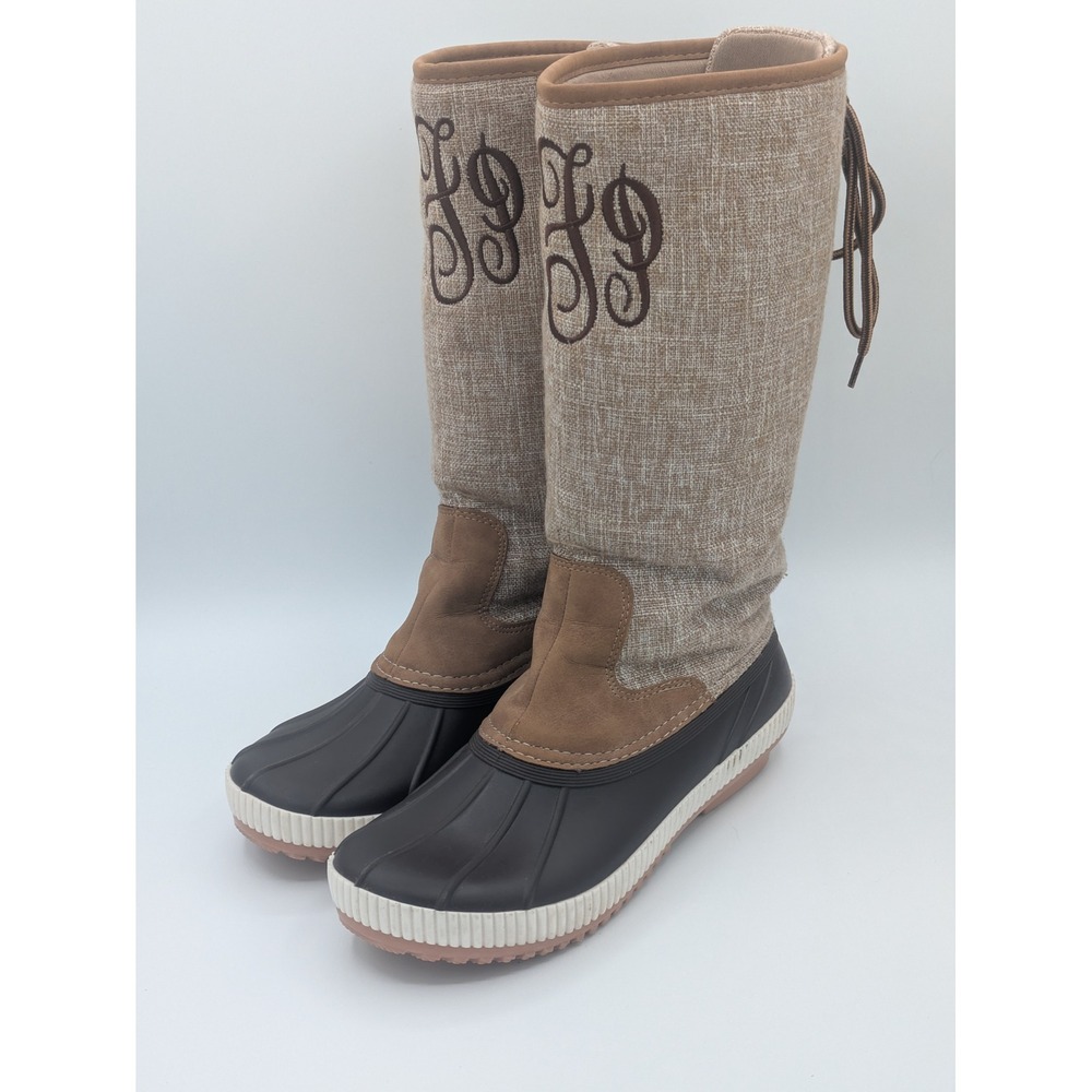 MarleyLilly Tall Monogram Duck Boots 8 Brown Tan Winter Rain Lace Up